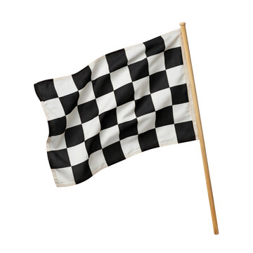 Checkered flag racing finish black white square pattern waving competition sport speed victory signal banner fabric pole wooden cloth symbol game contest raceway circuit track event championship