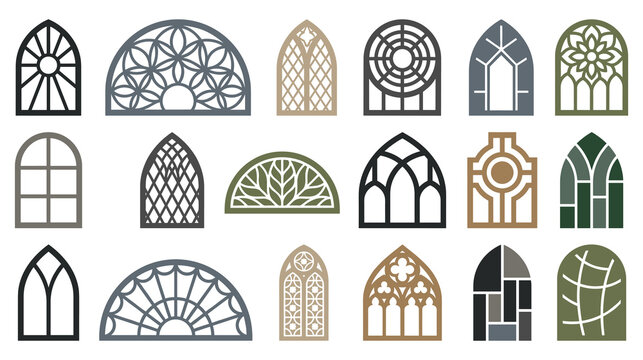 Set of decorative gothic and rose window architectural elements.