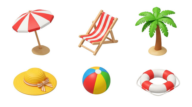 Set of 3d beach vacation icons isolated on transparent background