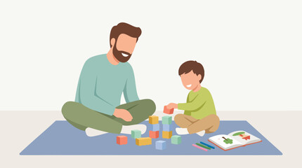 Father and son playing with colorful building blocks, family time at home