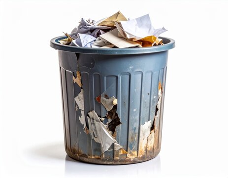 Old damaged gray plastic trash bin overflowing with crumpled paper waste, broken dirty wastepaper basket isolated on white background, garbage disposal and recycling concept