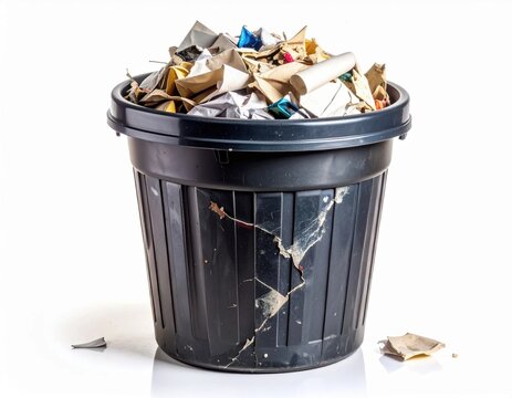 Black plastic garbage bin overfilled with crumpled paper and cardboard waste, cracked damaged trash can with litter scattered on floor isolated on white background, excessive waste and recycling conce