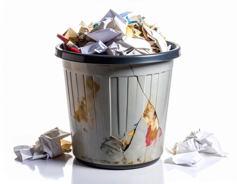 Old dirty gray trash can overflowing with crumpled paper balls and waste scattered on the floor, stained and damaged wastepaper basket isolated on white background, garbage overload and messy disposal