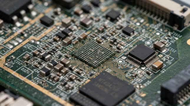 Close up of a complex electronic circuit board with many components.