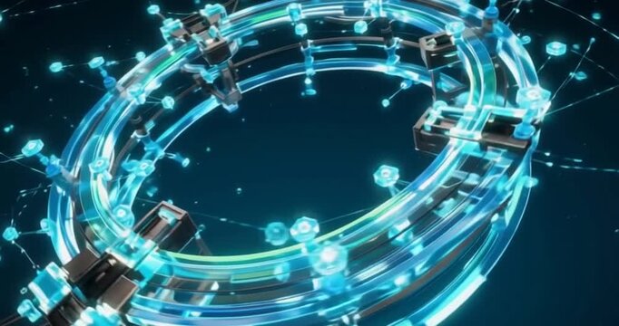Glowing blue circular structure rotates with intricate geometric components and floating particles in this seamless digital animation loop designed for modern high tech media presentation footage.