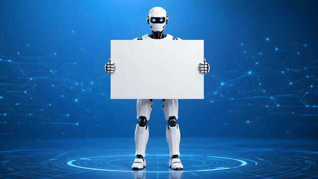pics of artificial intelligence, an ai hold a empty white board by hand, artificial intelligence