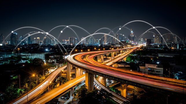 infrastructure visualized with glowing pathways and connected buildings at night