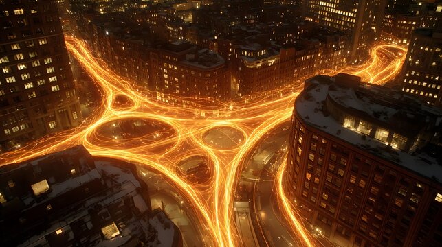 infrastructure visualized with glowing pathways and connected buildings at night