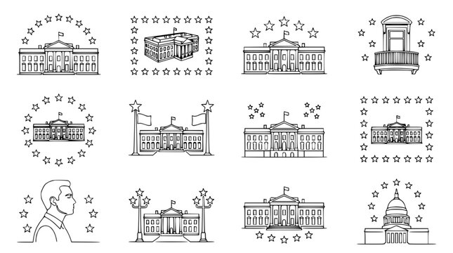 White House and Capitol Building Icons: Presidential Residence and Government Symbols Collection