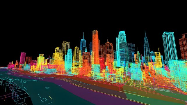 made of luminous wireframe structures floating in a digital void