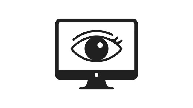 A minimalist black icon of a computer monitor displaying a large human eye.