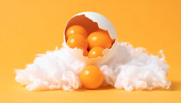 Cracked eggshell revealing surreal orange spheres and fluffy whites, symbolizing imagination, creativity, transformation, fragility, uniqueness, artistry, wonder, illusion, design.