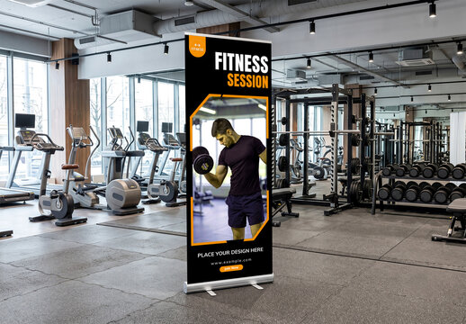 Roll Up Banner Mockup in Modern Gym Interior