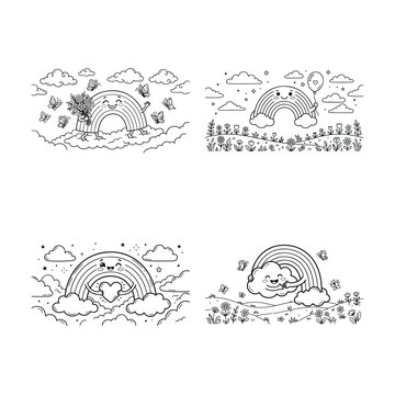 Cute kawaii rainbow coloring page set for kids