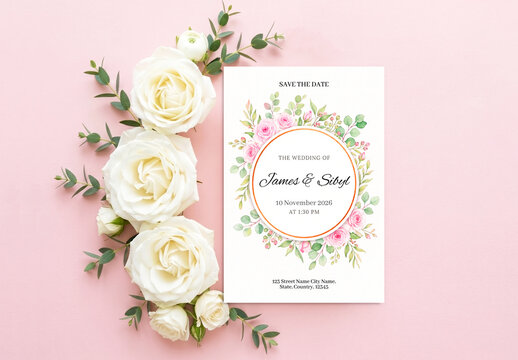 Romantic Floral Wedding Invitation Card Mockup