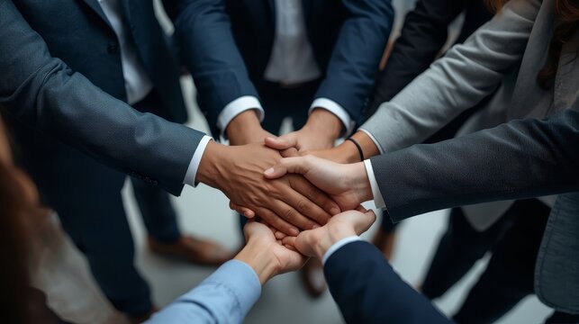 Diverse Business Team Joining Hands Together in a Circle for Unity, Teamwork, and Corporate Success