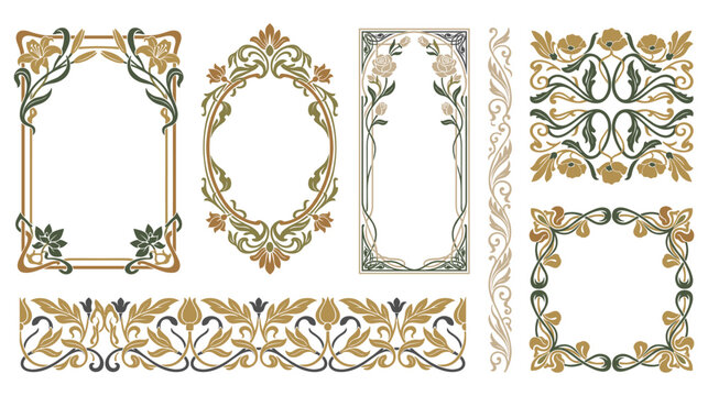 Decorative art nouveau floral frames and border design ornament set.