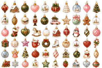 Fototapeta premium Cute Christmas Ornament Sticker Collection with Festive Holiday Decorations on a white background. Hanging Christmas baubles