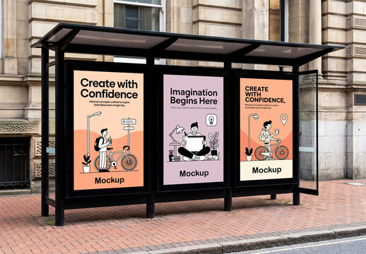 Three Vertical Billboard Mockups at City Bus Stop Station