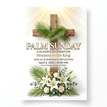 Palm Sunday religious poster with wooden cross. Christian holiday flyer with palm leaves.