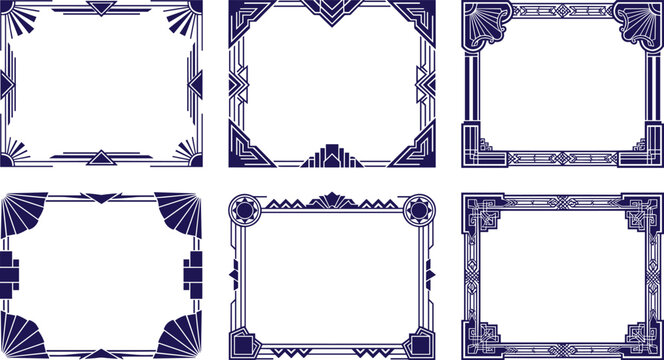 Dark Blue Art Deco Frame Vector Set with Elegant Geometric Borders and Antique Vintage Ornaments for Luxury Wedding Invitation Card Designs