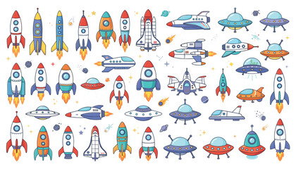 Cute space rockets and UFO cartoon collection kawaii spaceship galaxy elements playful sci fi vehicles vector illustration set isolated on white background © AponChandra
