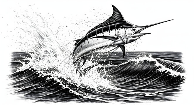 Black and white pencil drawing of a marlin fish leaping out of ocean waves with water splashes