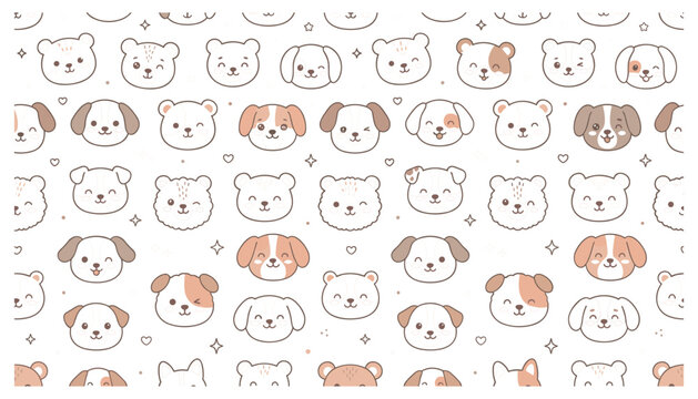 Cute dog faces seamless pattern collection kawaii puppy expressions cartoon pet heads repeat background vector illustration isolated on white background