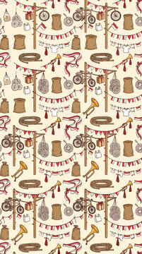 A dense, intricate seamless pattern of Indonesian traditional festival equipment on a warm light cream background, clean illustrative vector style with fine line art. The pattern features repeating sm