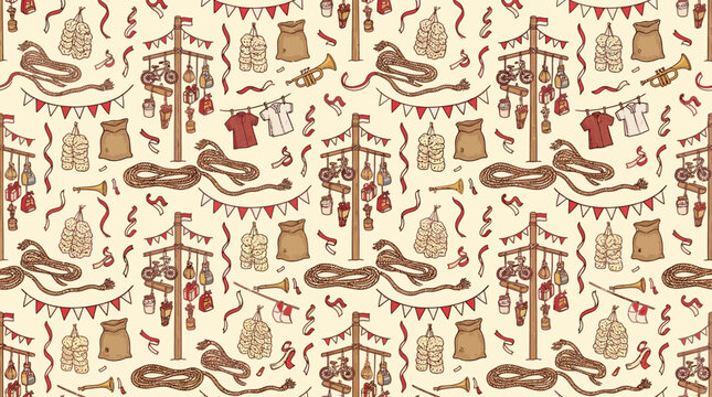 A dense, intricate seamless pattern of Indonesian traditional festival equipment on a warm light cream background, clean illustrative vector style with fine line art. The pattern features repeating sm