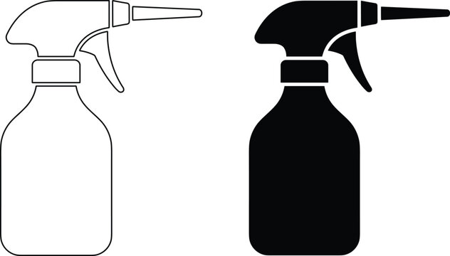 Spray bottle icon set showing silhouette and outline versions for cleaning and gardening supplies with cleaning gardening container supplies silhouette