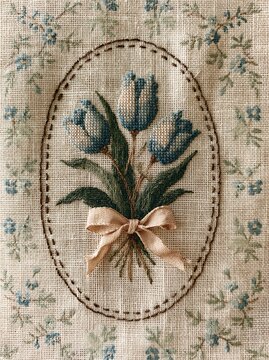Vintage cross stitch embroidery of blue flowers. Needlepoint floral art on rustic burlap.