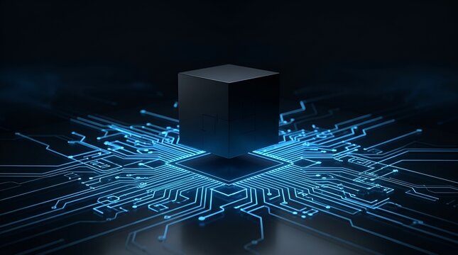 Futuristic Black Cube on Glowing Blue Circuit Board Network. High Tech Digital Chip Processor. Smart Technology and Innovation Abstract Modern Concept