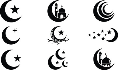 Islamic Crescent Moon and Star Silhouette Vector Set with Mosque Dome and Minaret Icons for Ramadan Kareem and Eid Mubarak Mubarak Greeting Cards © MINARA