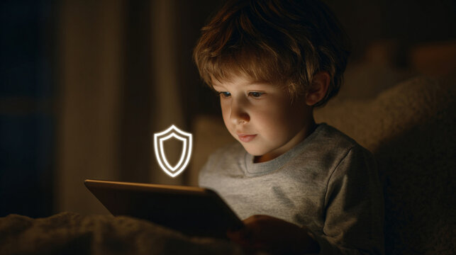 Curious little boy using digital tablet with glowing security shield icon in a dark cozy room