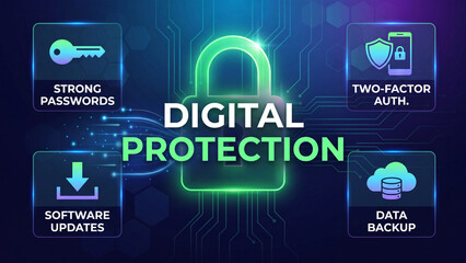 Obraz premium Digital protection concept for strong password use two factor authentication regular software updating and secure data backup in cybersecurity awareness