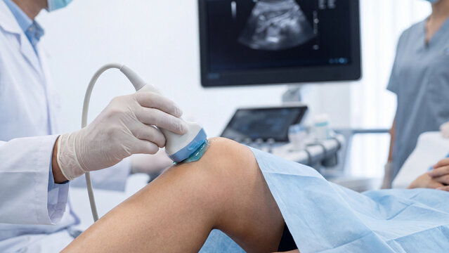 Knee ultrasound examination concept for joint injury diagnosis musculoskeletal imaging orthopedic assessment and noninvasive medical scanning in clinic room