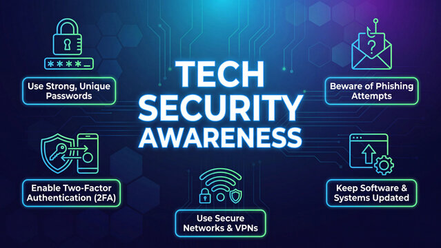 Technology security awareness concept for unique password creation phishing recognition secure network use and system updating in employee training program