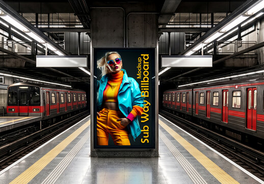 Vertical Billboard Mockup on Subway Station Train Platform