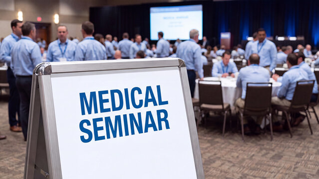 Medical seminar concept for professional development lecture clinical research presentation and healthcare industry knowledge exchange in large conference hall