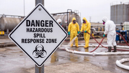 Fototapeta premium Hazardous chemical spill response zone concept for emergency containment cleanup protective suit protocol and industrial environmental safety management at plant