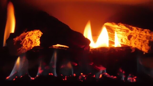 Fireplace flames glow intensely within the hearth as burning logs crackle to provide warmth and a cozy atmosphere during a cold winter evening spent relaxing in a quiet and comfortable living room.