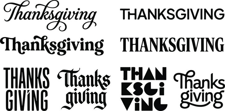 Variety of thanksgiving text design compositions with diverse font styles