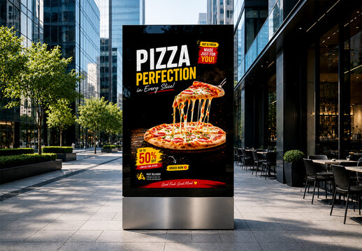 Vertical Pizza Advertisement Billboard Mockup on City Street