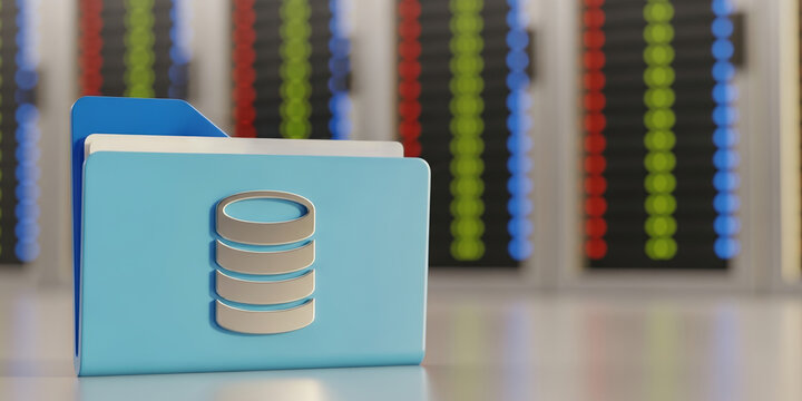 Blue folder icon with database symbol in server room
