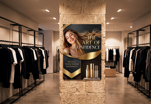 Vertical Poster Mockup on Stone Pillar in Clothing Store