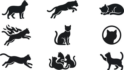 Obraz premium Cat Feline Action Pose Black Silhouette Vector Set