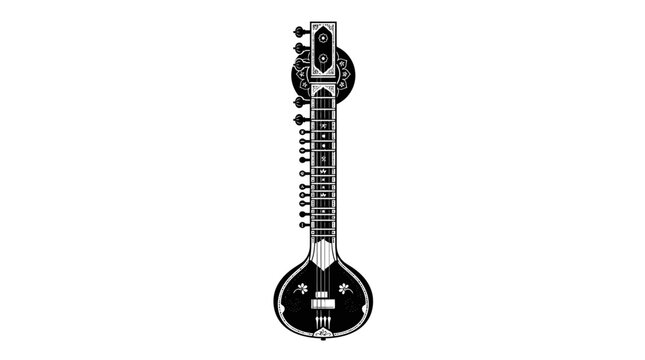 Detailed black and white illustration of a traditional Indian sitar string instrument.