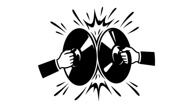 A black and white illustration of two hands crashing cymbals together to create a loud sound effect.