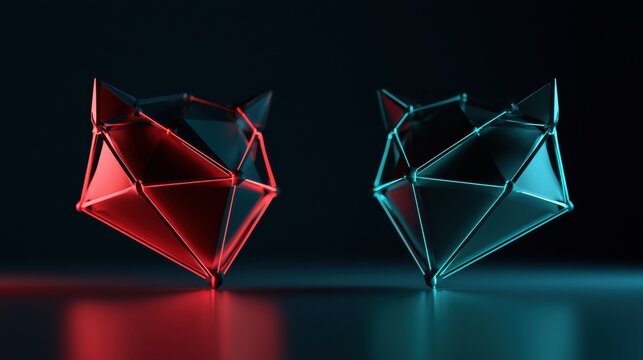 A red node faces a teal node in a dark space. Both shapes are symmetric and illuminated, creating a striking contrast in the void.